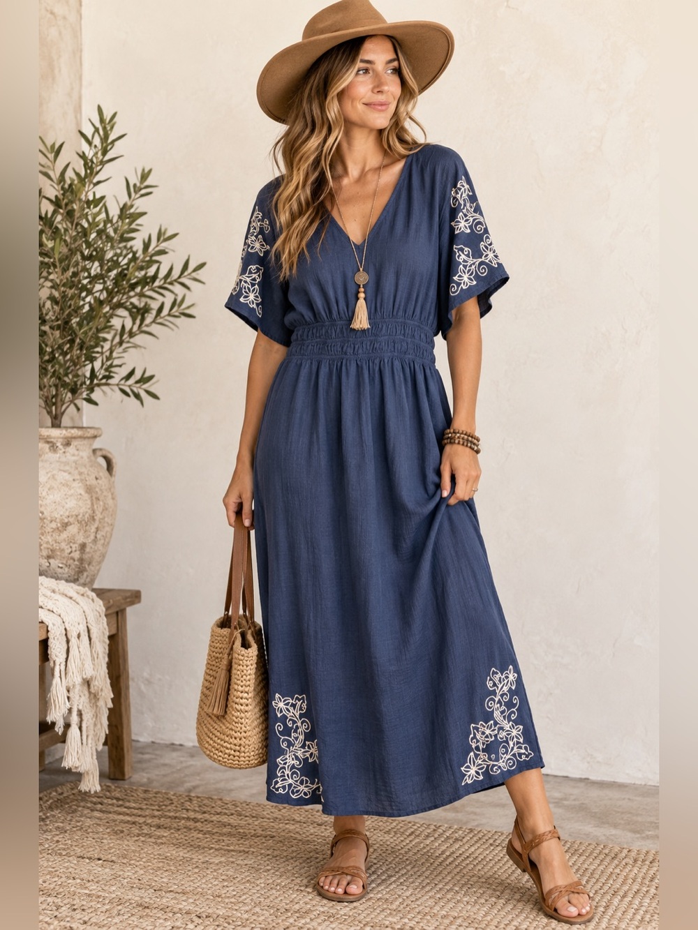 She + Sky Blue Embroidered Boho Midi Dress Rayon Cotton Cottagecore
